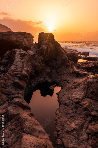 El Hierro Island. Canary Islands, landscape in the natural pool of Charco Azul in the summer sunset