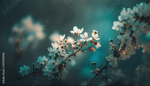 close-up of cherry blossom in spring time, teal, blue, green