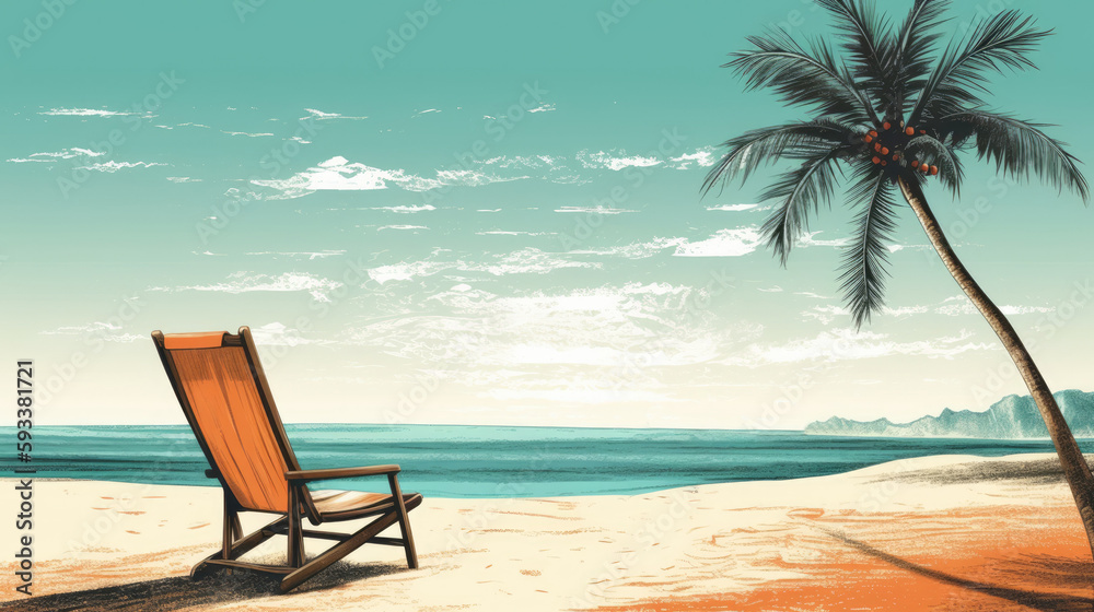 A beach scene with a palm tree and a beach chair. Generative AI A beach scene with a palm tree and a beach chair. Generative AI