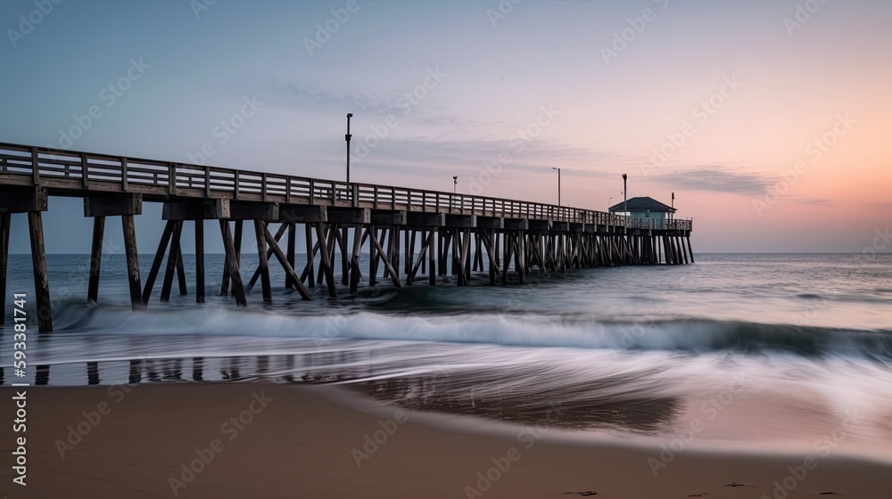 A beach scene with a pier stretching out into the water. Generative AI