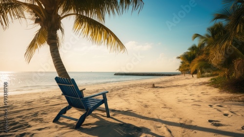 A beach scene with a palm tree and a beach chair. Generative AI
