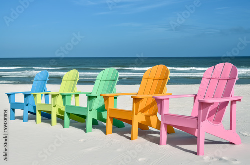 Colored Adirondack chairs on the beach, vibrant pastel colors. Generative Ai. 