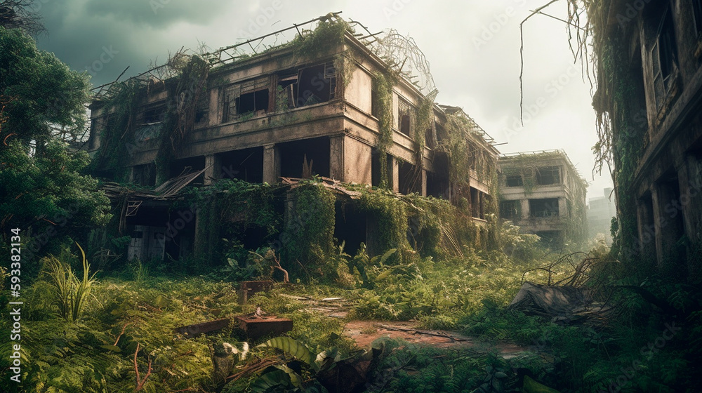 Post Apocalyptic View The last remains of us. The post-apocalyptic view of the ruins of a ...