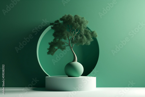 Green product podium display with summer mockup background. Generative ai. photo