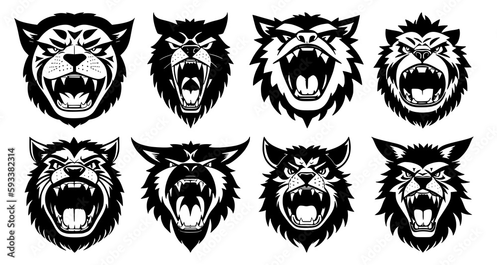 Set of fantastic animal heads with open mouth and bared fangs, with different angry expressions of the muzzle. Symbols for tattoo, emblem or logo, isolated on a white background. Set of fantastic animal heads with open mouth and bared fangs, with different angry expressions of the muzzle. Symbols for tattoo, emblem or logo, isolated on a white background.