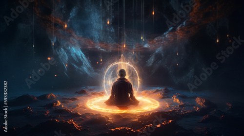 illustration of meditating person with detailed energy field. Generative ai. photo