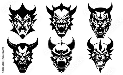 Set of horned devil heads with open mouth and bared teeth, with different angry expressions of the muzzle. Symbols for tattoo, emblem or logo, isolated on a white background.