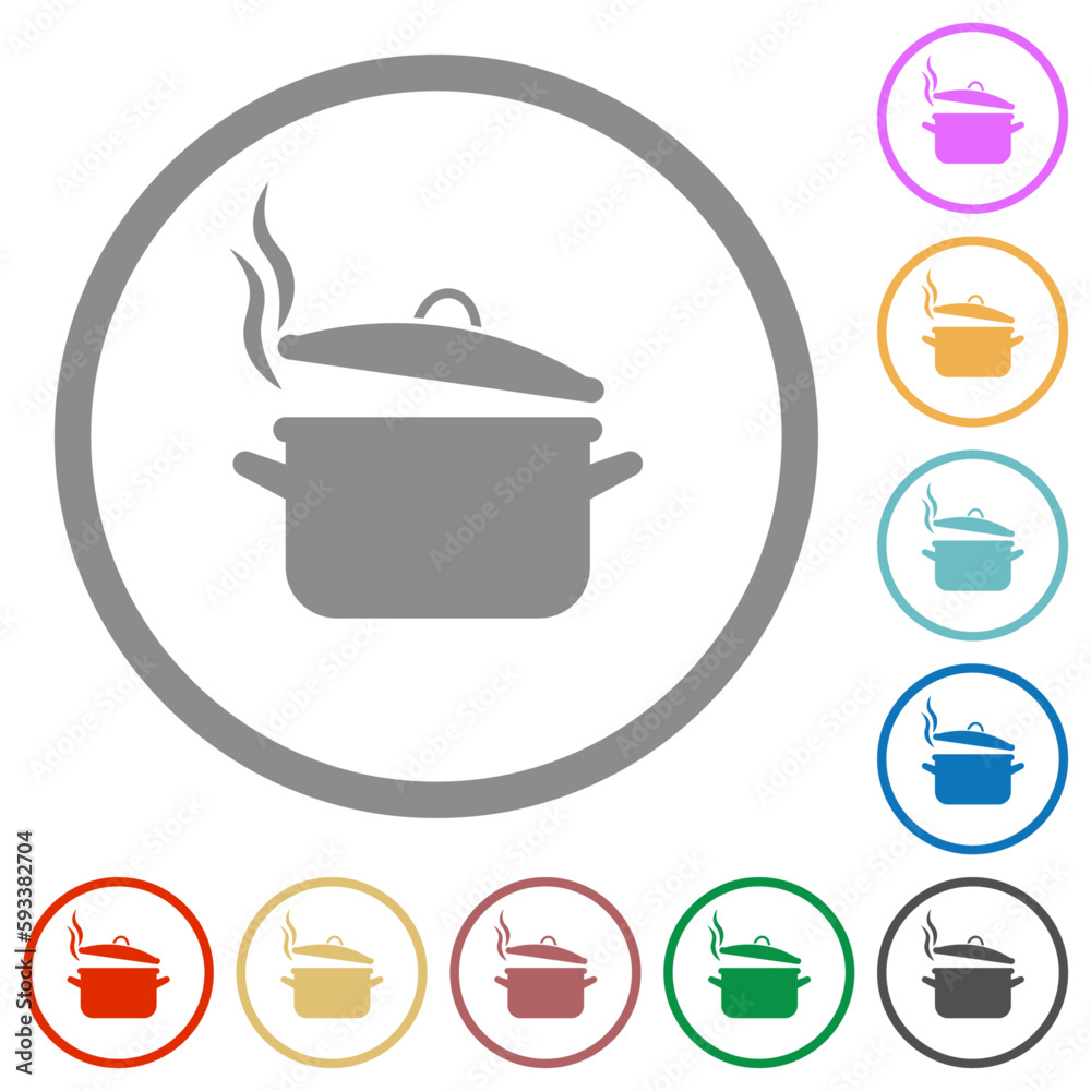 Steaming pot with lid flat icons with outlines