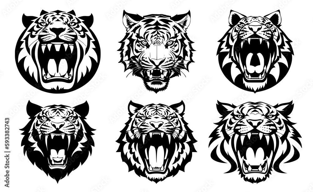 Set of tiger heads with open mouth and bared fangs, with different angry expressions of the muzzle. Symbols for tattoo, emblem or logo, isolated on a white background. Set of tiger heads with open mouth and bared fangs, with different angry expressions of the muzzle. Symbols for tattoo, emblem or logo, isolated on a white background.