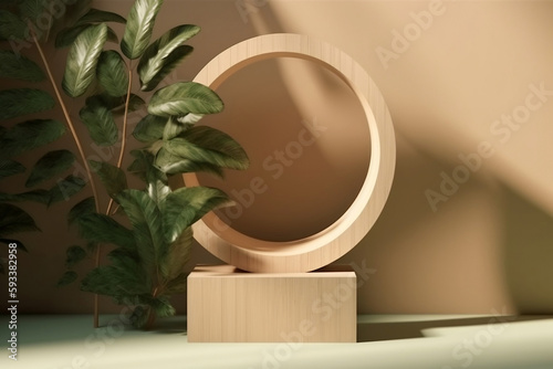 Bright cosmetic beauty product promotion on podium with wood pedestal, nature shadow, and green background. wooden showcase and tree branch. Generative ai.