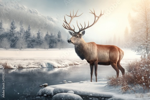 Noble Deer male in winter snow forest Generative AI © Lana_M