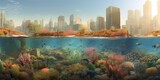 vibrant coral reef thrives beneath the surface of an urban city, concept of Nature Conservation and Urban Biodiversity, created with Generative AI technology