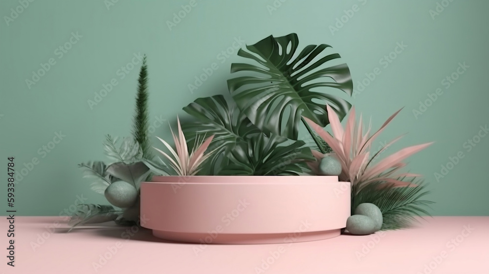 Minimal display podium with tropical plants and flowers. Tropical botanicals showcased in a modern and vibrant setting. Generative ai. Minimal display podium with tropical plants and flowers. Tropical botanicals showcased in a modern and vibrant setting. Generative ai.