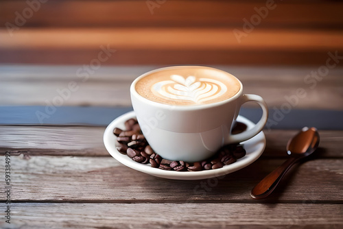 Tasse Kaffee mit Löffel auf Holztisch, Kaffeebohnen-Dekoration. Generative AI