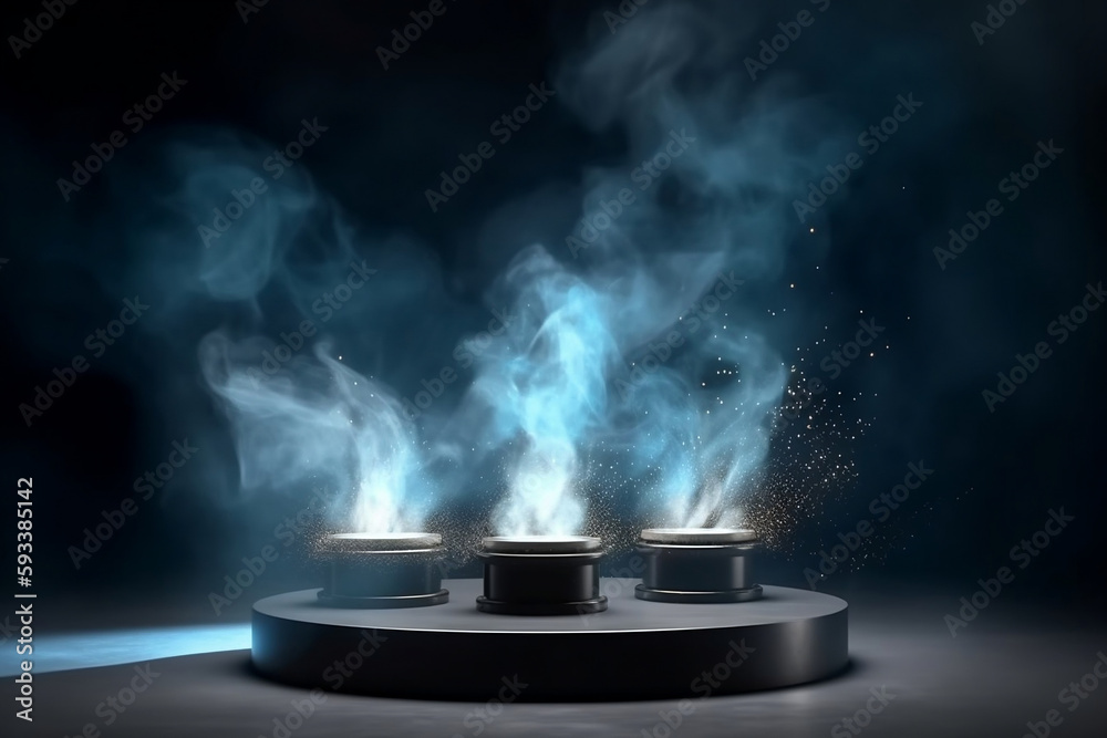 Podium with blue spotlight and smoke background. Generative ai.