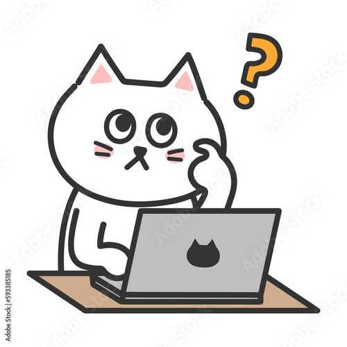 White cartoon cat having questions while using a laptop computer. Transparent PNG.