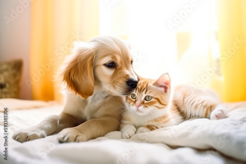 Orange kitten cuddling with a dog on the bed. Generative Ai.
