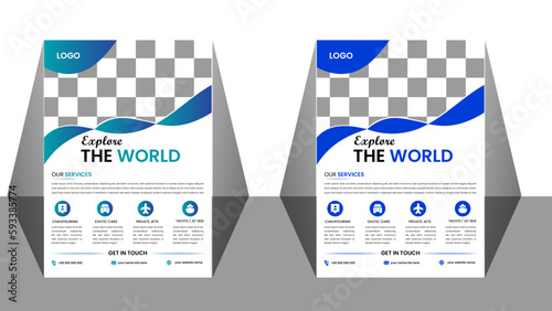 Blue Color Combination A4 Size Travel Flyer Design Template.