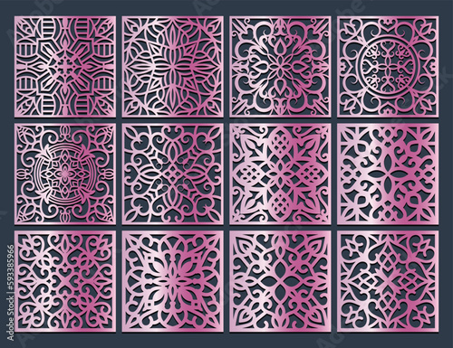 Lotus Mandala Vector Template Set for Cutting and Printing. Oriental silhouette ornament. Vector coaster design 