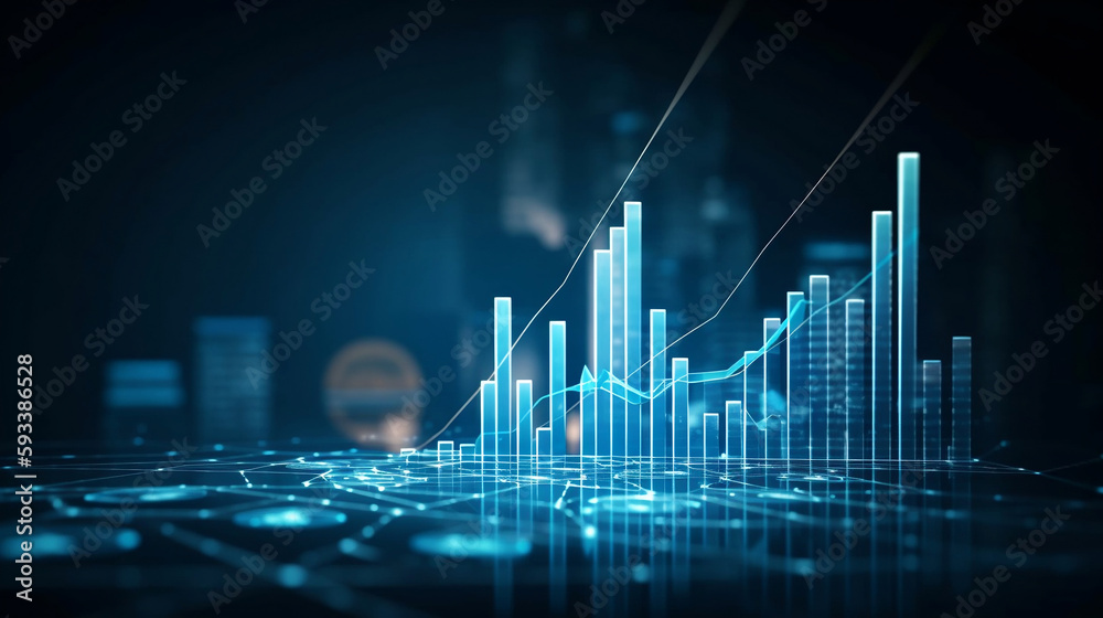 A 3D coin background with a blue finance graph and investment bar, showcasing growth and success in the market with technology and currency reports. Generative ai. - obrazy, fototapety, plakaty 