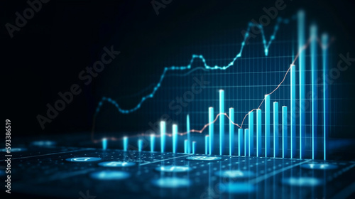 Coin background with a blue finance graph and investment bar, showcasing growth and success in the market with technology and currency reports. Generative ai.