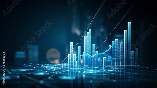 Fotografia A 3D coin background with a blue finance graph and investment bar, showcasing growth and success in the market with technology and currency reports