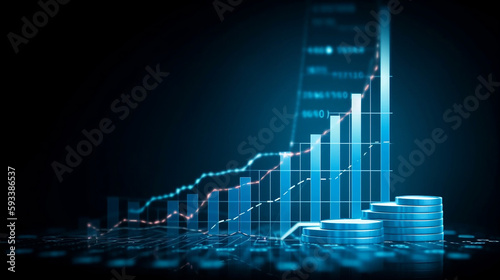 Coin background with a blue finance graph and investment bar, showcasing growth and success in the market with technology and currency reports. Generative ai.