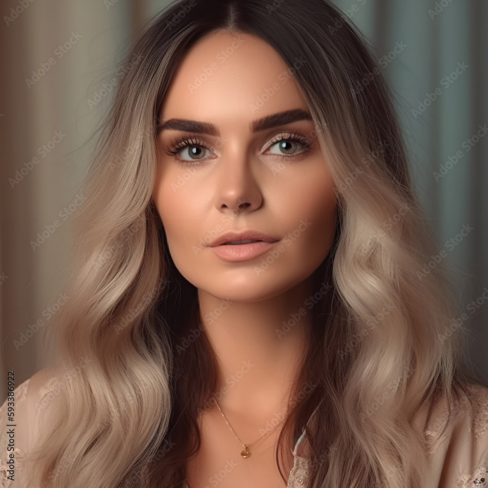 Fototapeta premium Portrait of a young long-haired beautiful modern woman. The woman represents both an independent and successful woman and can be used in beauty and fashion advertisements.