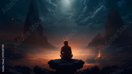 Meditation, spirituality, mystical, inspiration, wallpaper, Zen, mindfulness, peace, tranquility, harmony, relaxation, calm, yoga, enlightenment, inner peace, serenity. Generative ai. © Fatih
