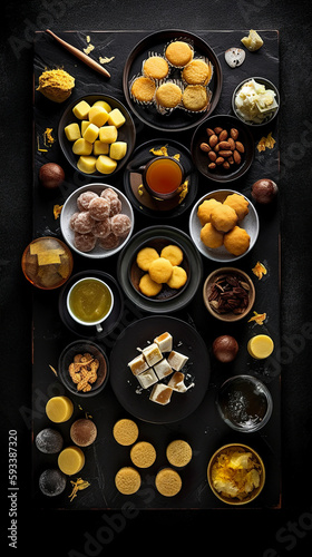 Indian sweets, flat lay, top view assorted cookies and traditional desserts, AI generative overhead view of knolling arrangement