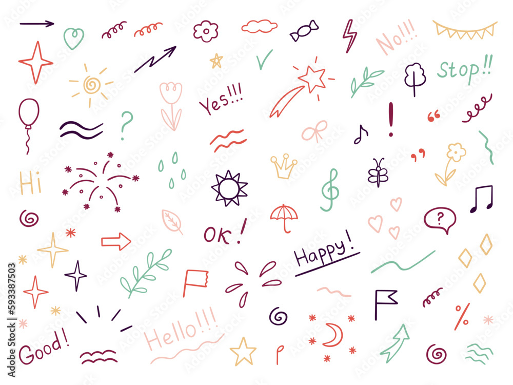 Hand drawn set of abstract doodle elements. Decorative illustrations in sketch style. Arrows, heart, stars, flowers, hearts, signs and symbols. Vector illustration isolated on white background Hand drawn set of abstract doodle elements. Decorative illustrations in sketch style. Arrows, heart, stars, flowers, hearts, signs and symbols. Vector illustration isolated on white background