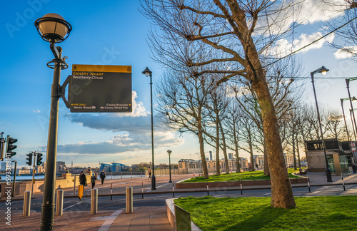  A sign in Westferry Circus giving directions to Canary Wharf pier. photo