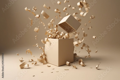 A falling gift box with a golden ribbon presented on a beige pedestal, with a branding banner, suitable for Christmas or birthdays. Generative ai.