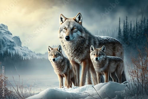 Group of wolves in the snowy forest  wildlife scene Generative AI