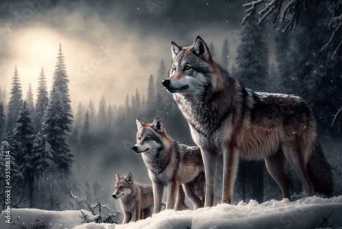 Group of wolves in the snowy forest, wildlife scene Generative AI photo