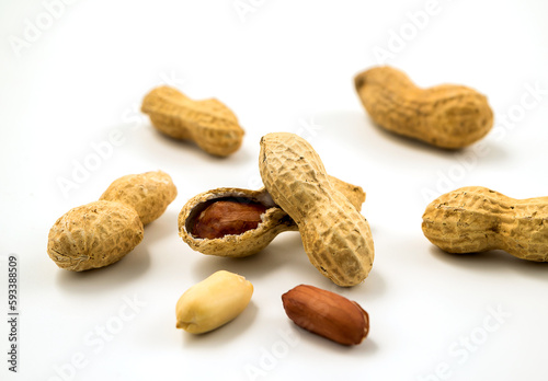 Dried peanuts in closeup on white background
