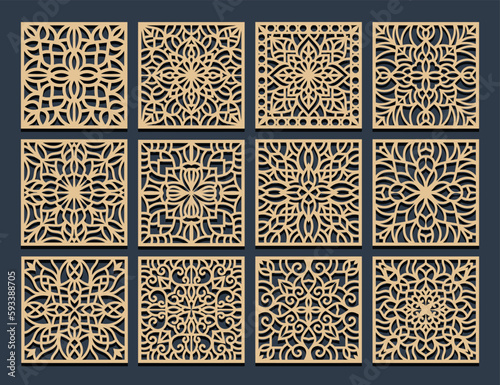 Laser cut pamels template, abstract geometric pattern. Metal decorative cutout, wood carving, fretwork stencil, paper art. For interior design, card background decoration, engraving. Vector set