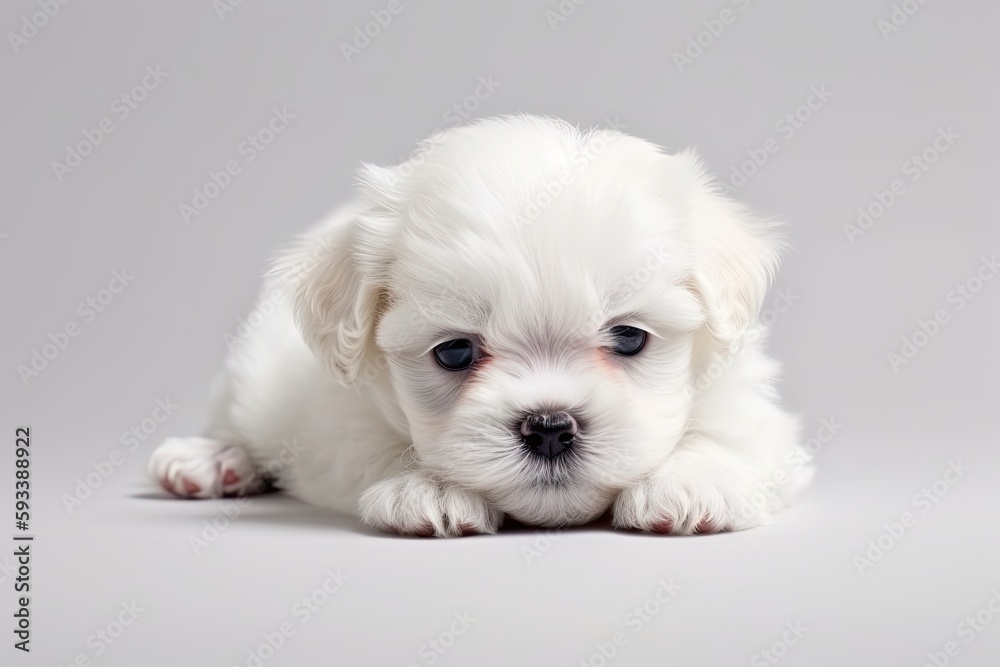 small white dog lounging on a pristine white floor. Generative AI small white dog lounging on a pristine white floor. Generative AI