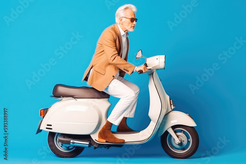 Old man with beard driving motorcycle vespa on blue background in studio. Generative AI.