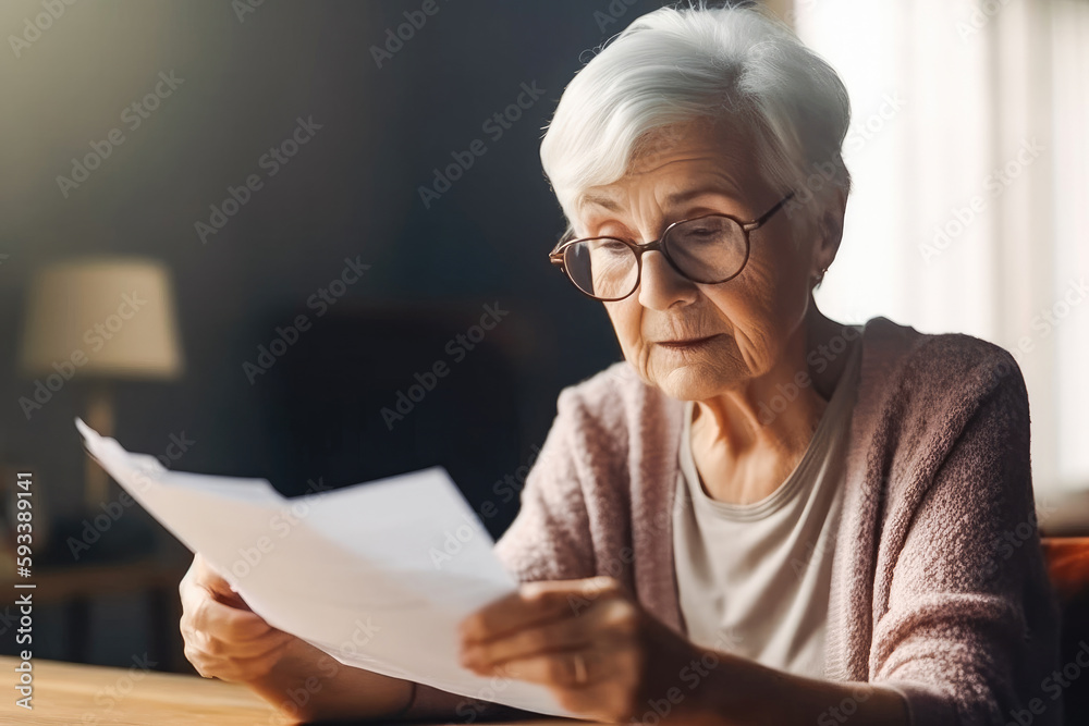 Senior woman holding paper bill, old lady managing account finance, calculating money budget tax, planning banking loan debt pension. Generative AI Senior woman holding paper bill, old lady managing account finance, calculating money budget tax, planning banking loan debt pension. Generative AI