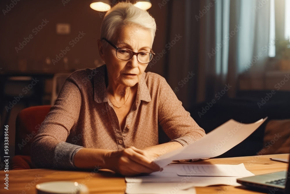 Senior woman holding paper bill, old lady managing account finance, calculating money budget tax, planning banking loan debt pension. Generative AI Senior woman holding paper bill, old lady managing account finance, calculating money budget tax, planning banking loan debt pension. Generative AI