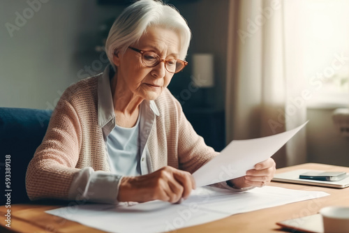 Senior woman holding paper bill, old lady managing account finance, calculating money budget tax, planning banking loan debt pension. Generative AI