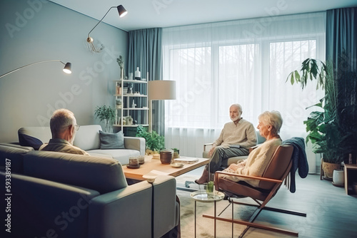 Elderly people in common room, living room, hang out, talking, have good time. Generative AI.