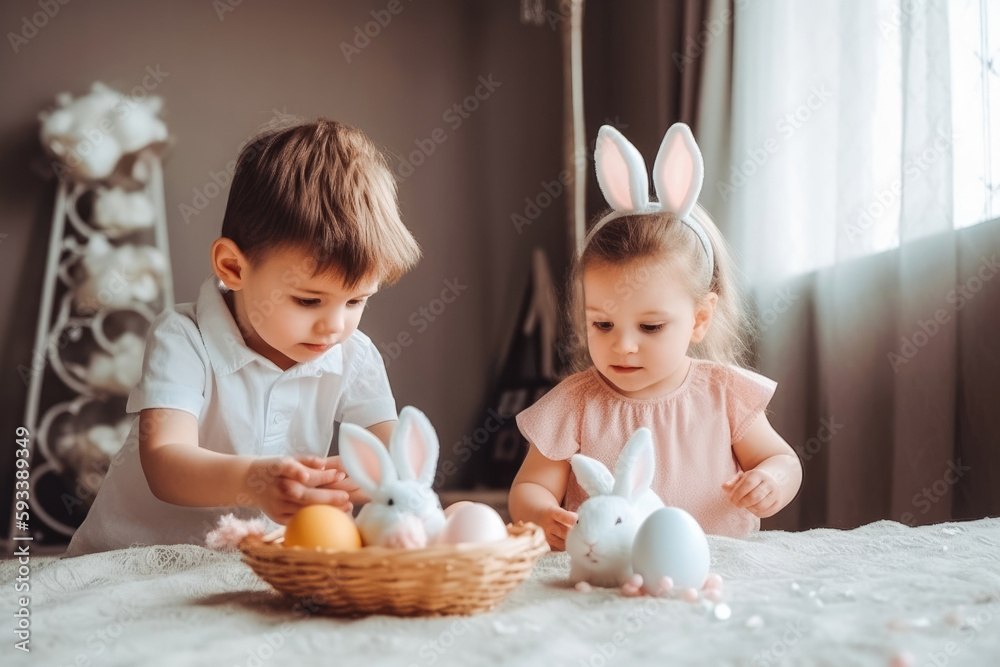 Excited two children in bunny ears covering eyes with painted chicken eggs near tulips and easter bread. Easter holidays. Generative AI. Excited two children in bunny ears covering eyes with painted chicken eggs near tulips and easter bread. Easter holidays. Generative AI.