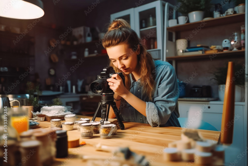 Young woman filming DIY projects for online videos. Streaming video blog, tutorial. Using camera and smartphone. Generative AI. Young woman filming DIY projects for online videos. Streaming video blog, tutorial. Using camera and smartphone. Generative AI.