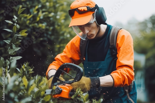 Male gardener's hands in uniform and helmet trimming bushes sunny day. Generative AI. photo