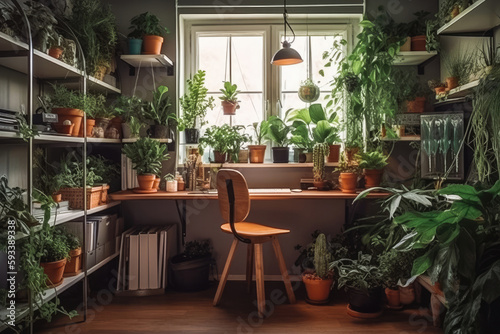 Bright home greenhouse full of plants in ceramic and wicker pots. Living room apartment green plants decor. Generative AI.