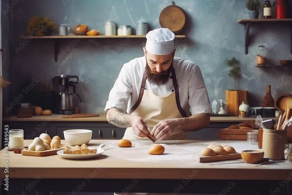 Concentrated man baker baking bread and french croissants from dough at his bakery. Small business owner of bakery. Generative AI. Concentrated man baker baking bread and french croissants from dough at his bakery. Small business owner of bakery. Generative AI.