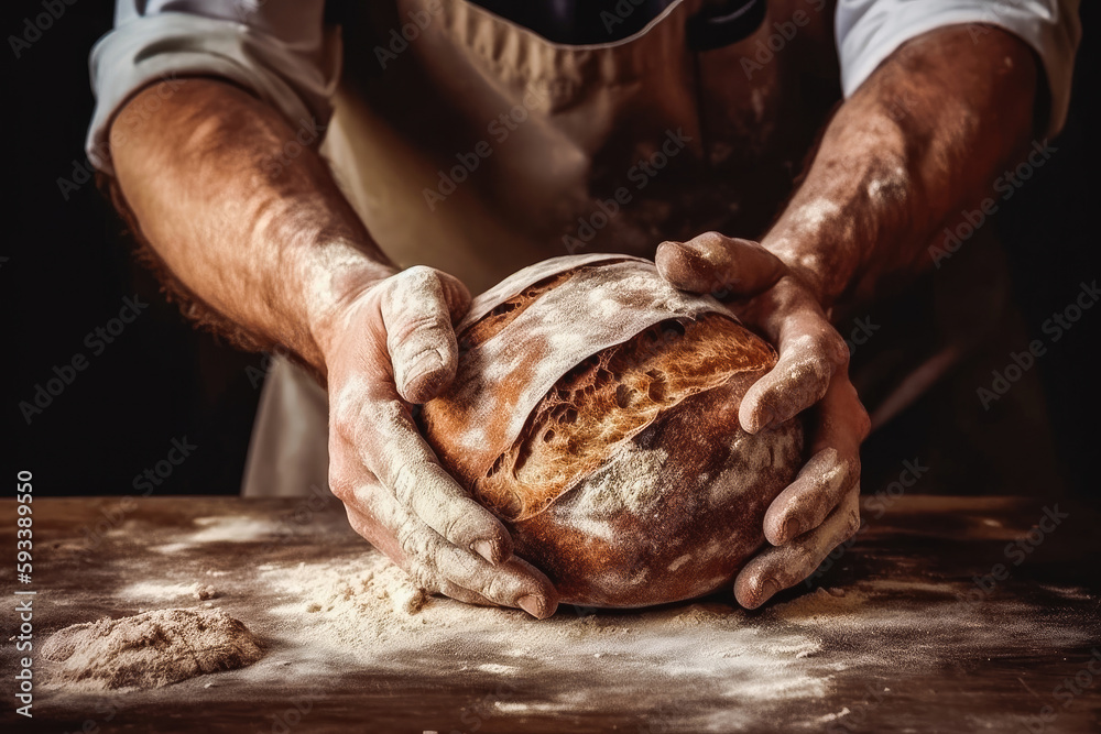 Concentrated man baker baking bread and french croissants from dough at his bakery. Small business owner of bakery. Generative AI. Concentrated man baker baking bread and french croissants from dough at his bakery. Small business owner of bakery. Generative AI.