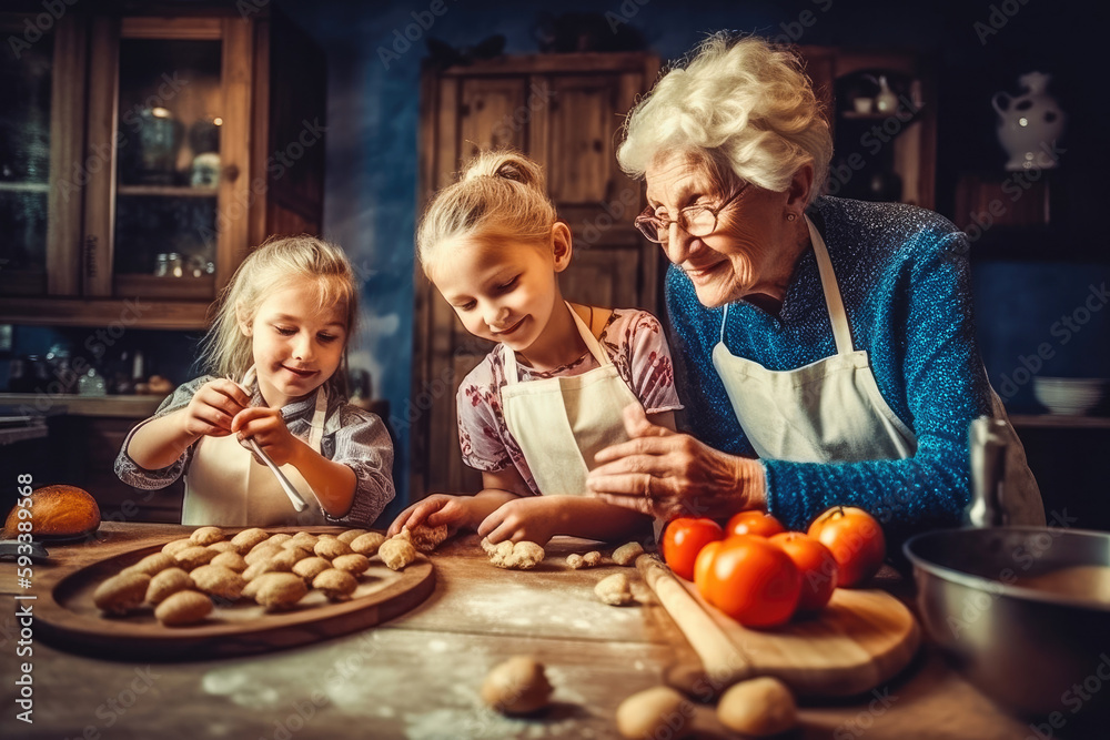 Grandmother and granddaughters helping each other to cook in kitchen happily, Grandmother teaches a cute child to cook. Family teamwork. Generative AI